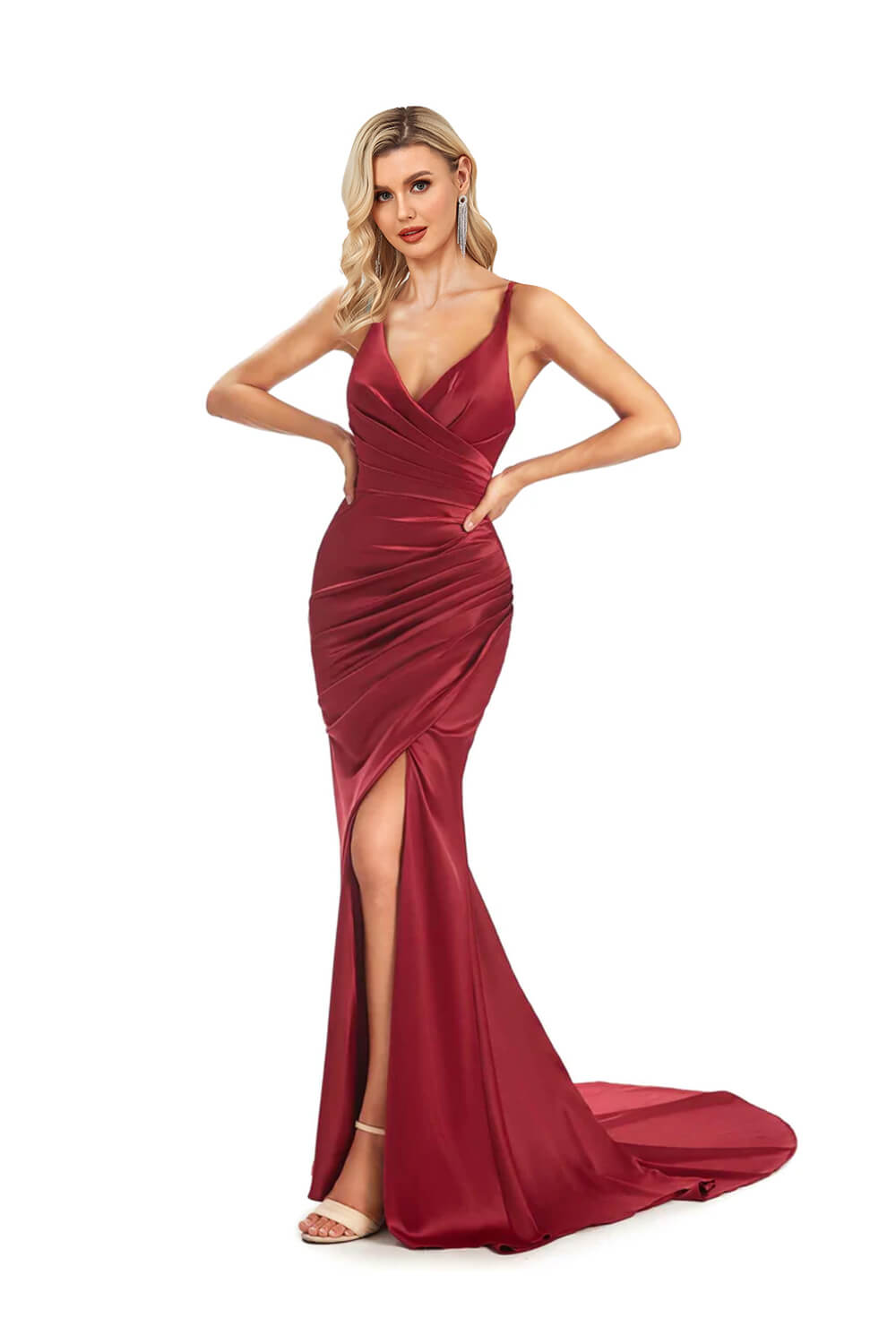 Hebochic Sexy Satin Spaghetti Straps V-Neck Long Mermaid Prom Dresses With Slit Evening Dress