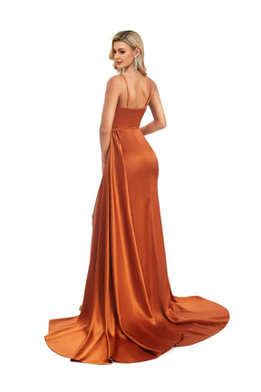 Hebochic Burnt Orange Side Slit Spaghetti Straps Satin Long Mermaid Graduation Prom Dresses Bridesmaid Dress