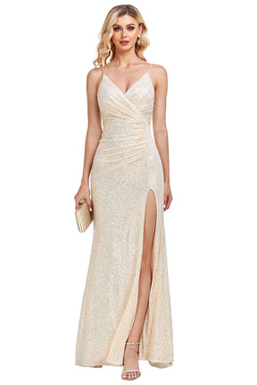 Hebochic Side Slit Spaghetti Straps Sequin Prom Dresses V Neck Mermaid Formal Dresses