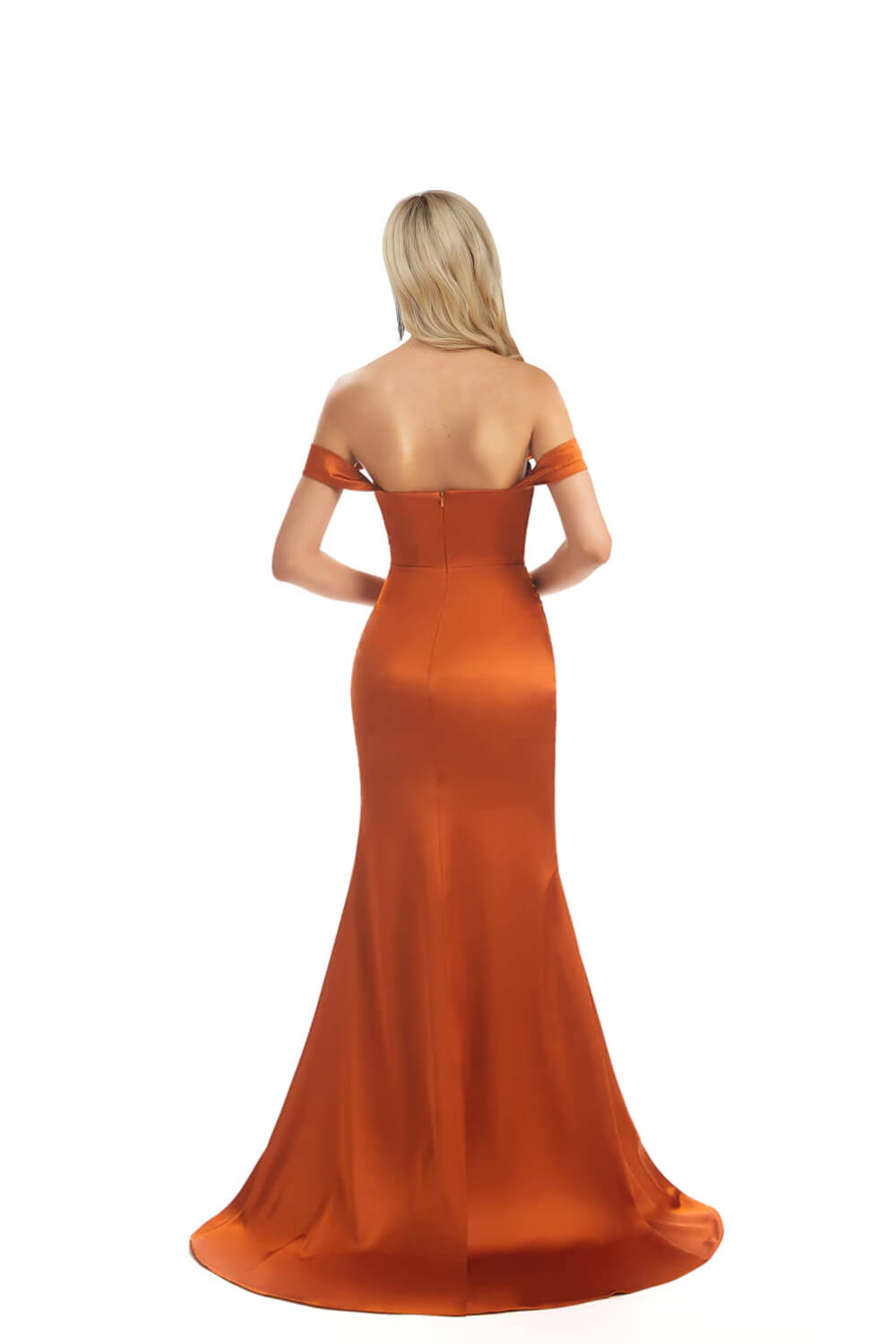 Hebochic Burnt Orange Soft Satin Off Shoulder Side Slit Floor-Length Mermaid Bridesmaid Dresses