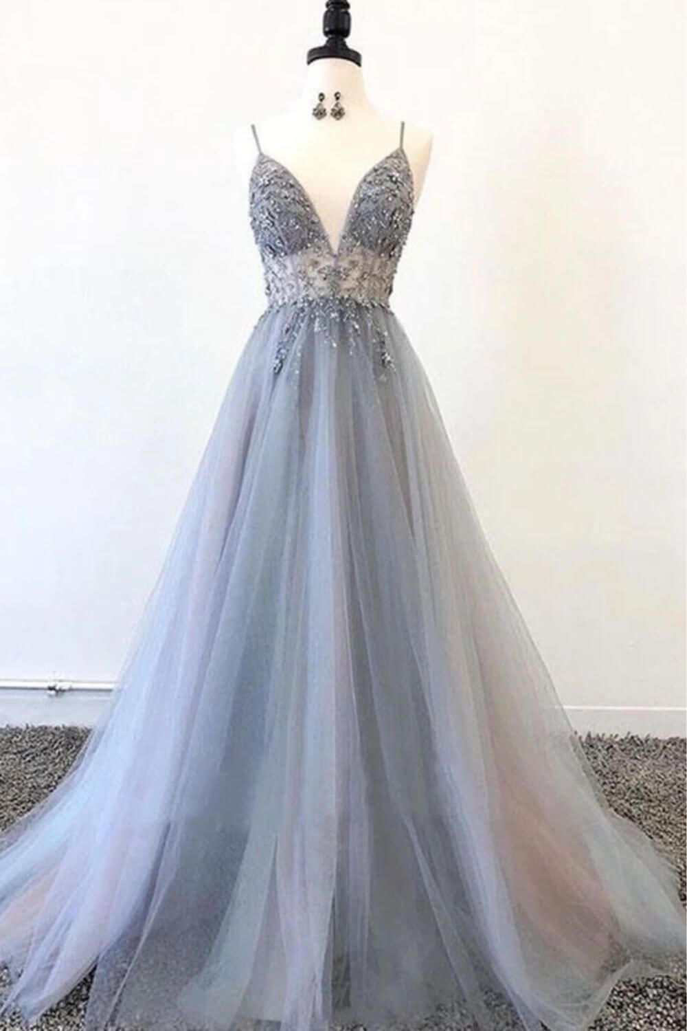 Hebochic Spaghetti Straps V Neck Tulle Prom Dress With Appliques A Line Long Formal Dress With Beads