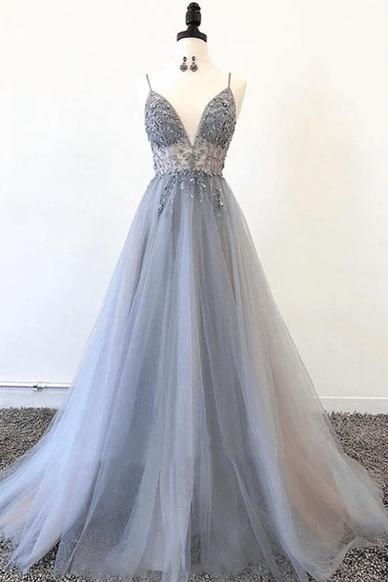 Hebochic Spaghetti Straps V Neck Tulle Prom Dress With Appliques A Line Long Formal Dress With Beads