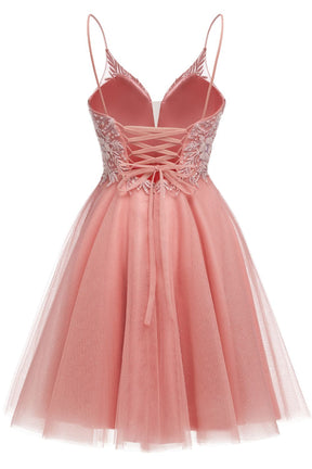 Hebochic Tulle Homecoming Short Dress Spaghetti Straps Mini Prom Dress