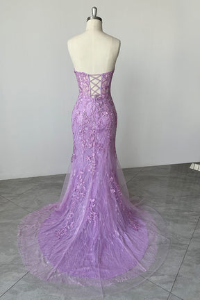 Hebochic Lilac Tulle Overskirt with Appliques Mermaid Long Purple Prom Dress Evening Gown