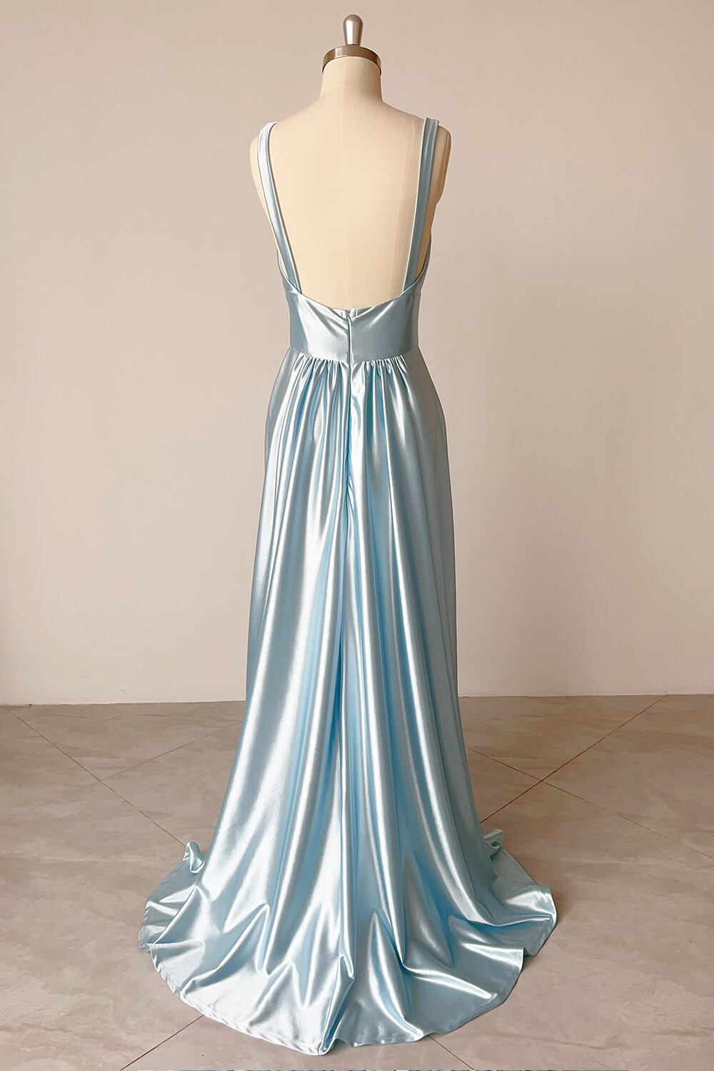 Hebochic V Neck Light Blue Satin Slit Long Gown Prom Dress Evening Dress