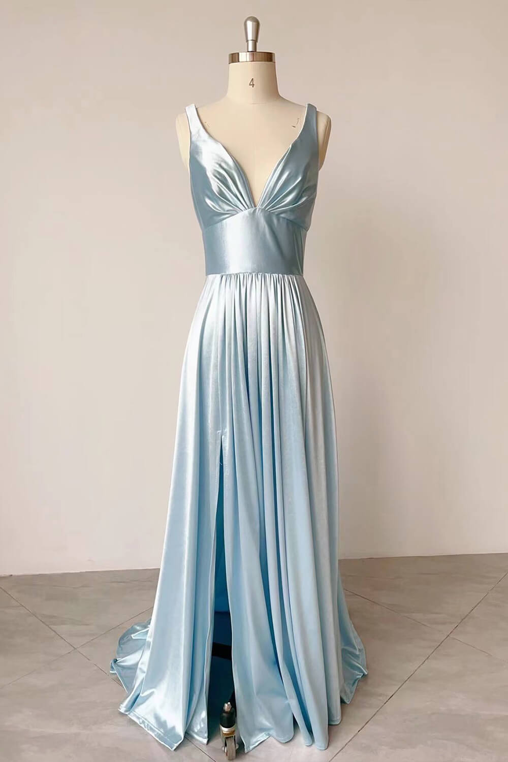 Hebochic V Neck Light Blue Satin Slit Long Gown Prom Dress Evening Dress