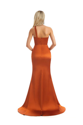 Hobechic Burnt Orange Sexy Soft Satin Side Slit One Shoulder Floor-Length Mermaid Bridesmaid Dresses