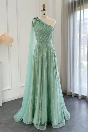 Luxury One Shoulder Tulle Beaded Slit Prom Dress with Cape