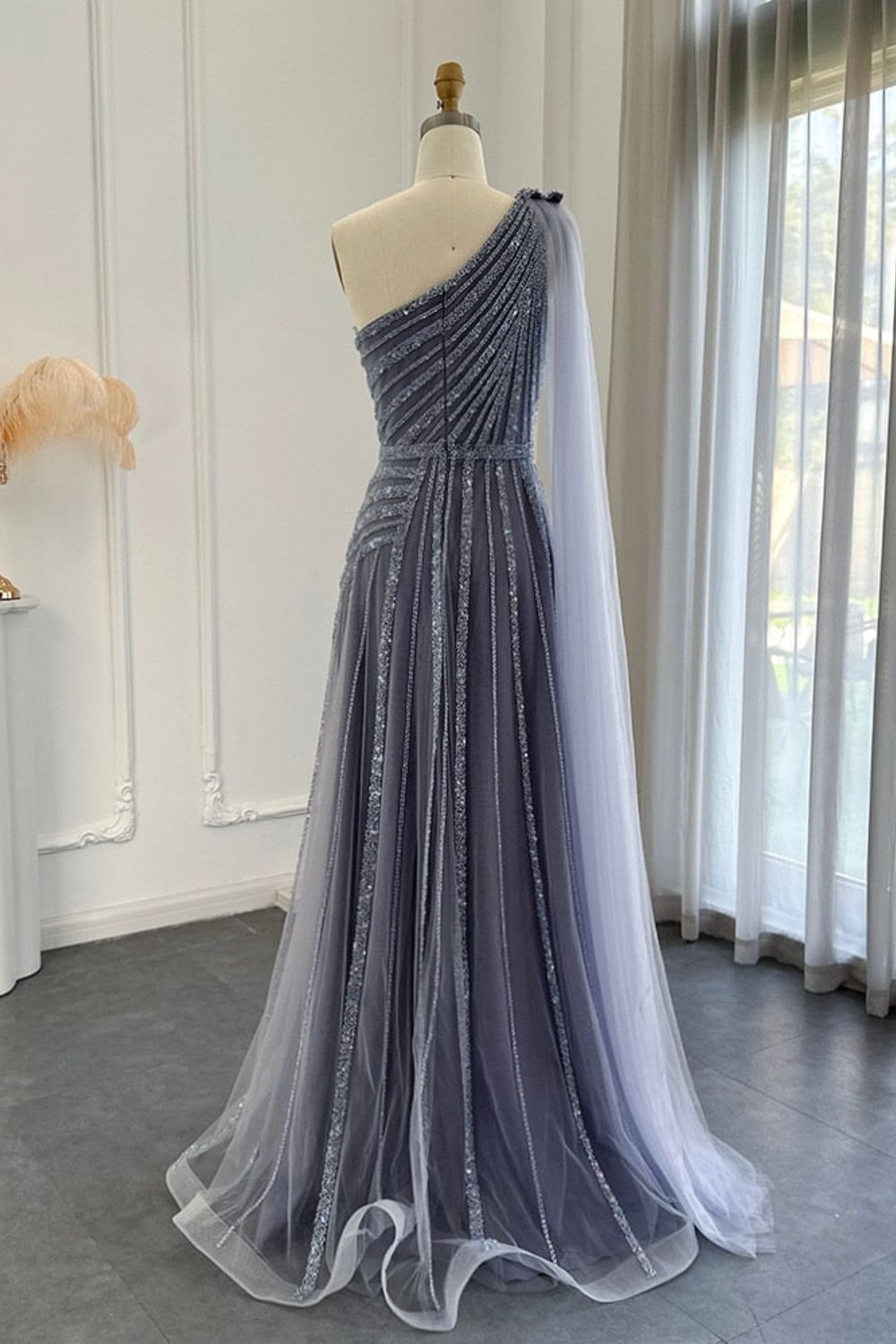 Luxury One Shoulder Tulle Beaded Slit Prom Dress with Cape