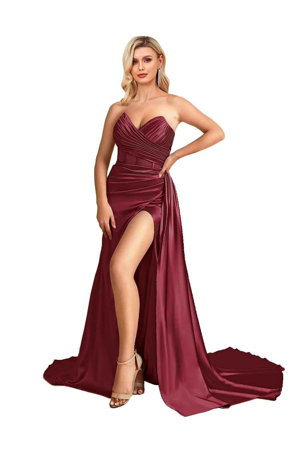 Hebochic Sexy Satin Bridesmaid Dresses Sweetheart Side Slit Floor Length Prom Evening Dress