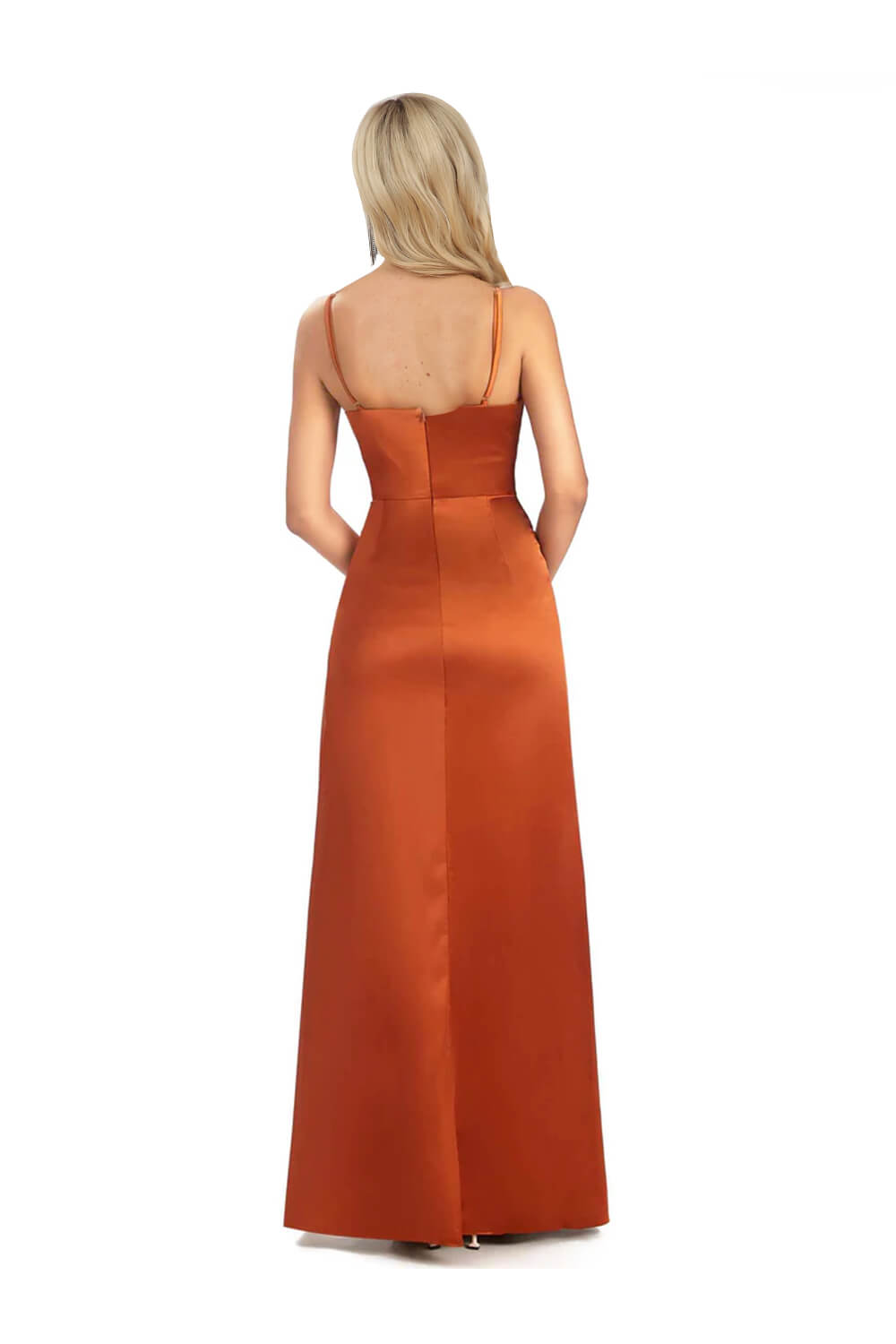 Hebochic Burnt Orange Soft Satin V-Neck Spaghetti Straps Side-Slit Floor-Length Bridesmaid Dresses Evening Prom Dress