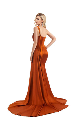 Hebochic Burnt Orange Sexy Side Slit Off One Shoulder Soft Satin Wedding Floor Length Bridesmaid Dress