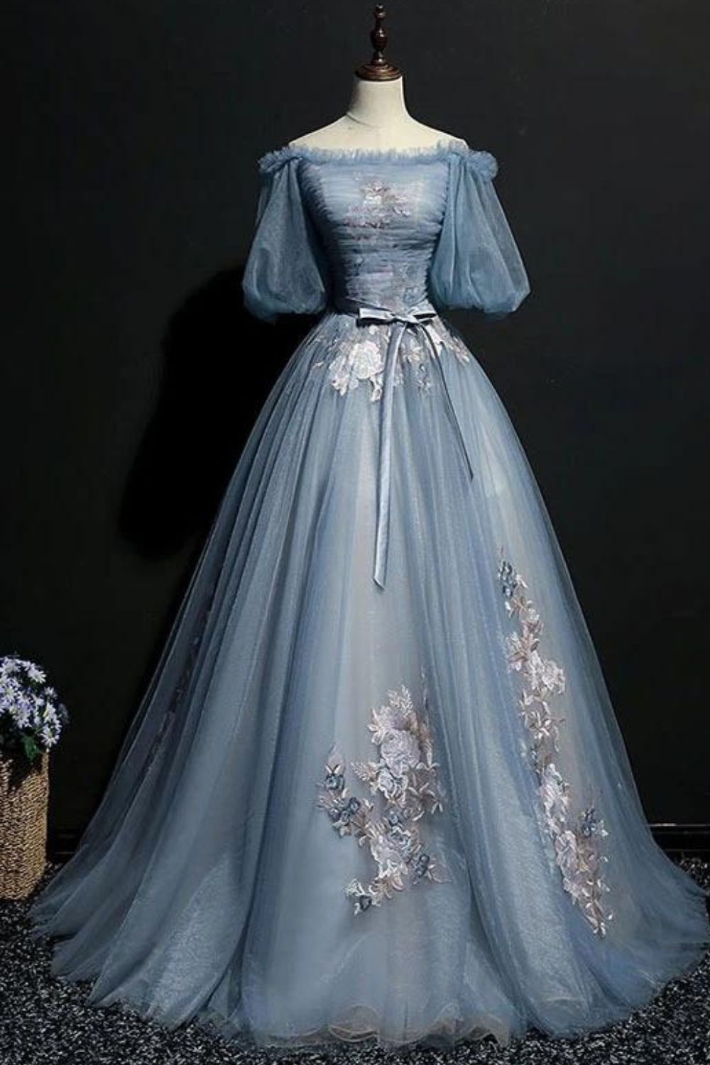 Unique Puffy Off The Shoulder Half Sleeves Long Prom Dresses With Appliques, Tulle Evening Dresses