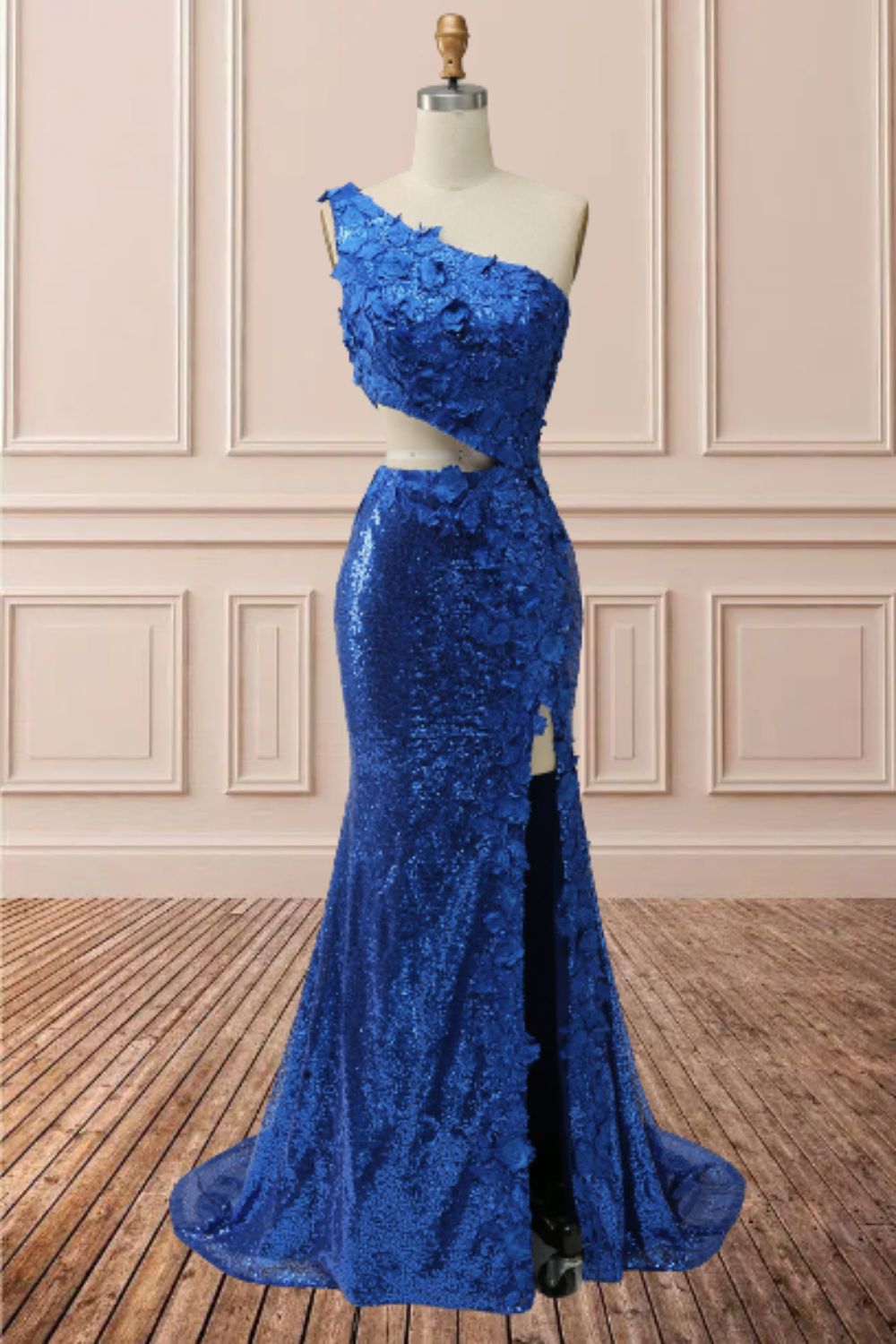 Elegant Mermaid Cut Out Oner Shoulder Sequins Split Prom Dress With Appliques
