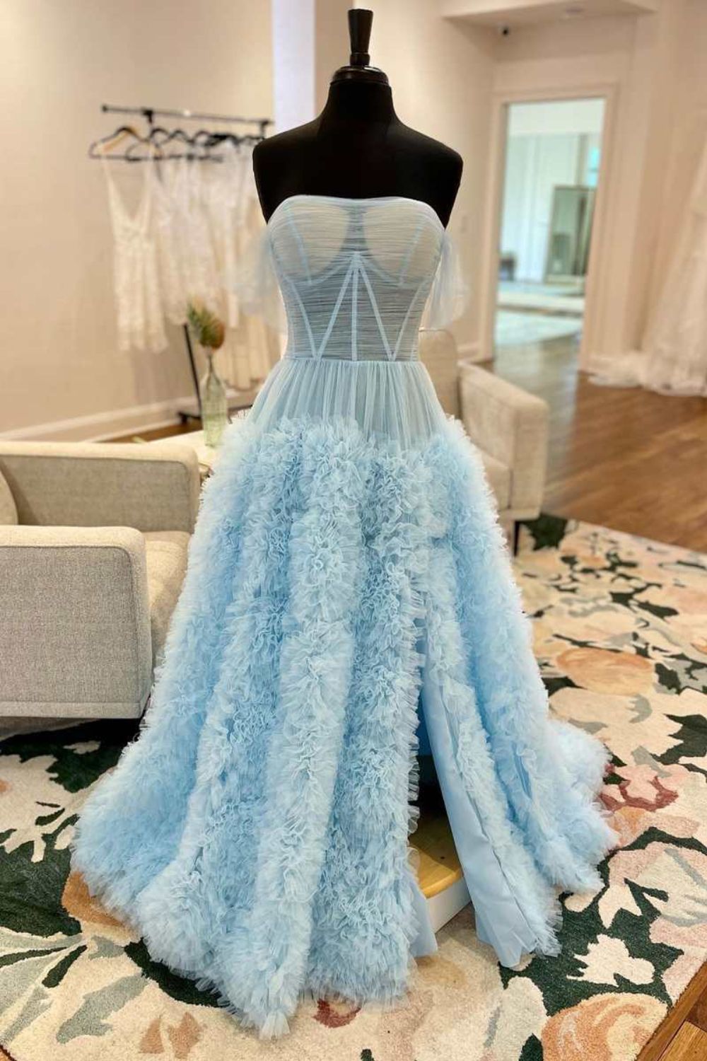 A-Line Off the Shoulder Tulle Princecss Prom Dress with Slit