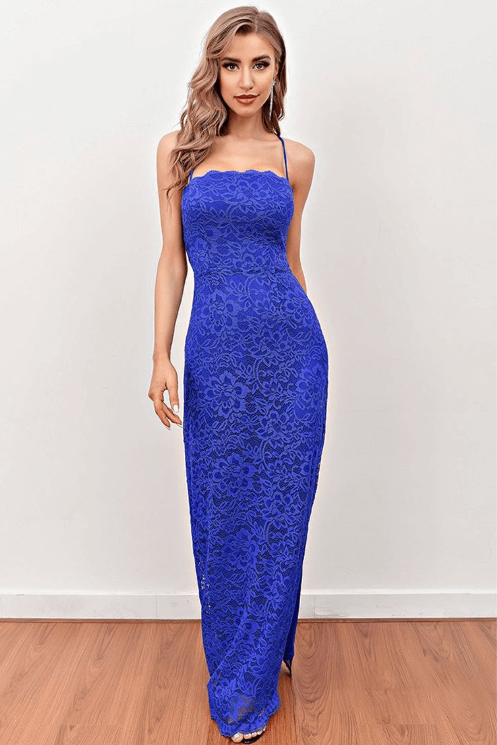 Blue Lace Spaghetti Straps Long Mermaid Prom Dresses V Neck Sleeveless Evening Dresses