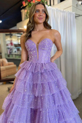 Hebochic Shiny Strapless V Neck Layered Purple Tulle Long Prom Dresses Formal Graduation Evening Dresses