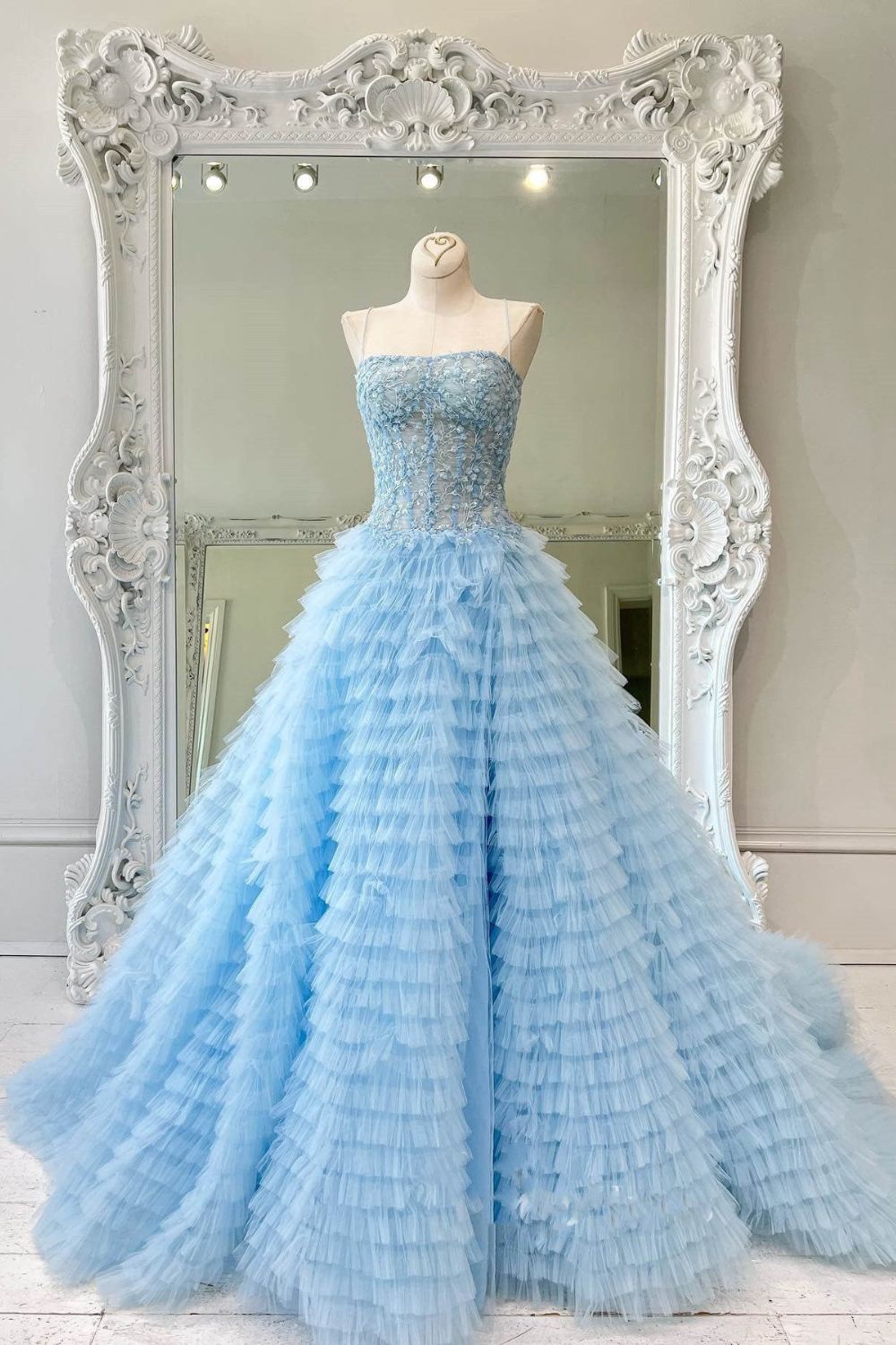 Elegant A Line Sweetheart  Tulle Light Blue Tiered Prom Dress with Slit