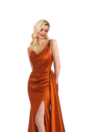 Hebochic Burnt Orange Sexy Side Slit Off One Shoulder Soft Satin Wedding Floor Length Bridesmaid Dress