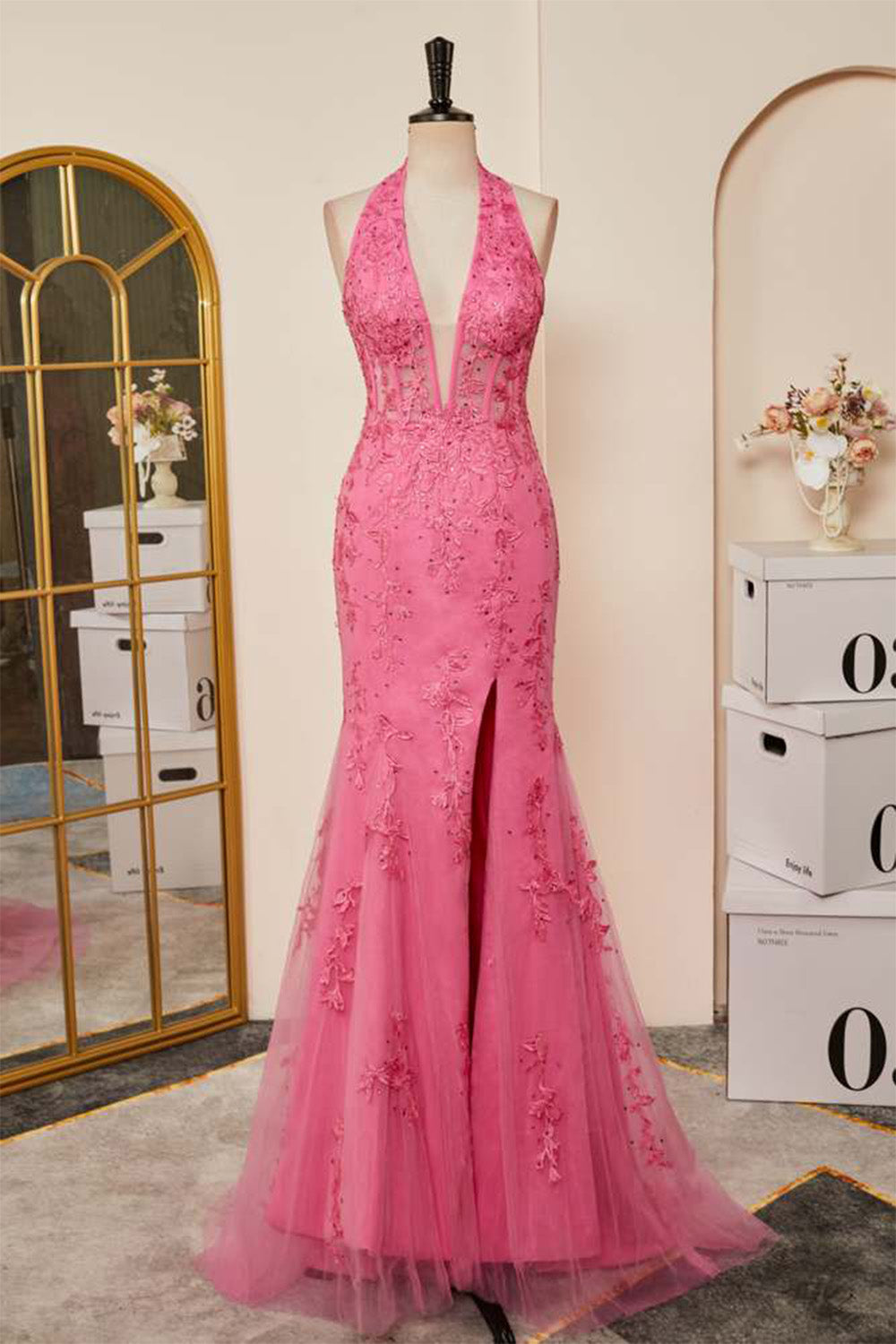 Hebochic Pink Plunging Halter Appliques Mermaid Long Prom Dress with Slit