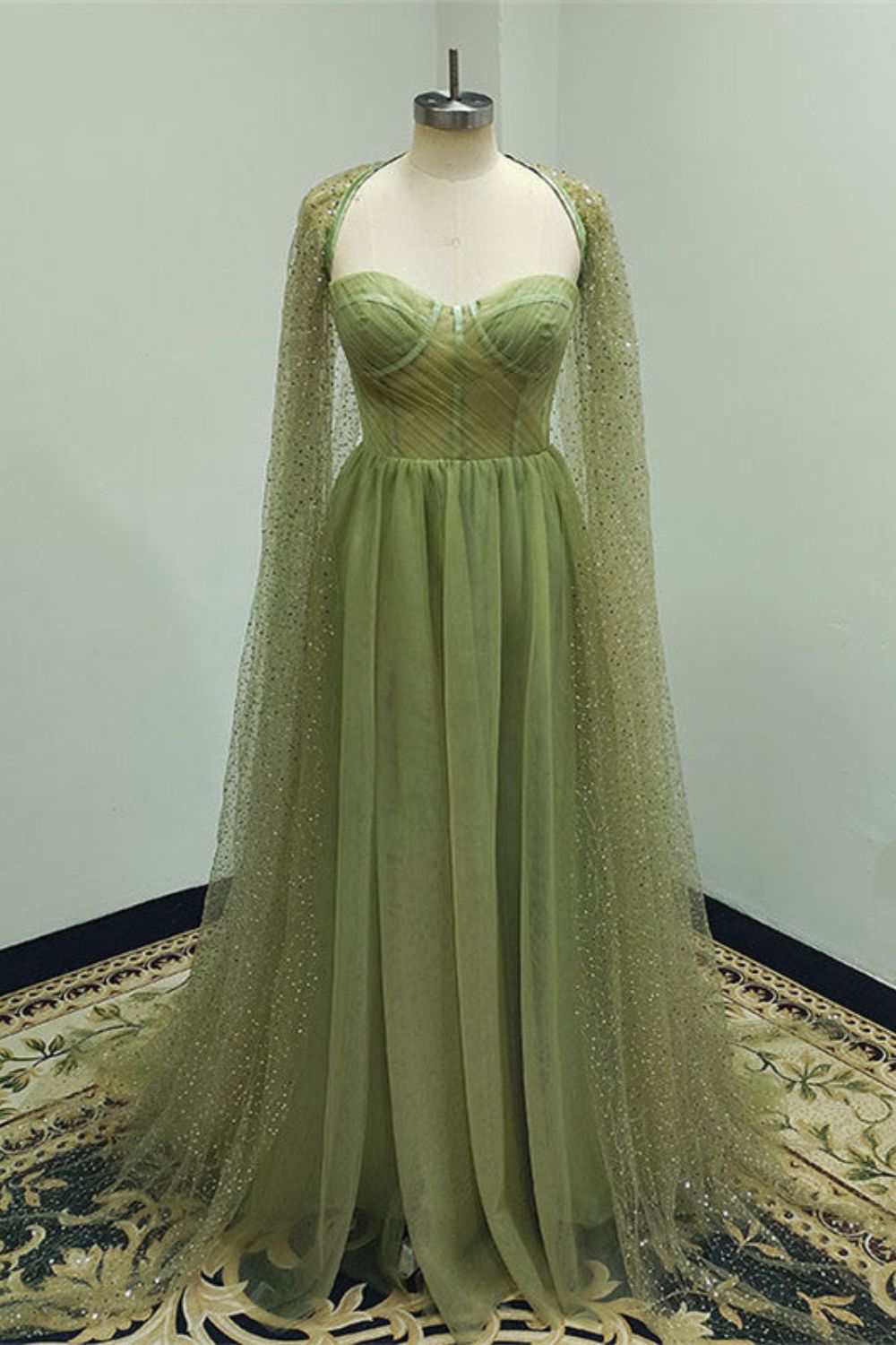 Chic A Line Sweetheart Tulle Sage Long Slit Cape Wraps Prom Dresses Modest Long Evening Gowns