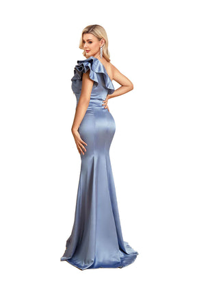 Satin One-shoulder Mermaid  Bridesmaid Dresses Ruffle Sleeves Long Prom Gown Dress