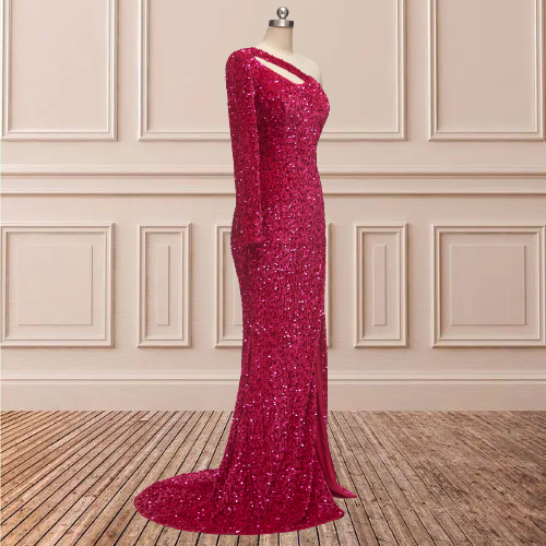 Glitter One Shoulder Sequins Long Sleeves Prom Dresses With Slit
