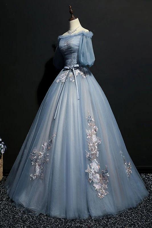 Unique Puffy Off The Shoulder Half Sleeves Long Prom Dresses With Appliques, Tulle Evening Dresses