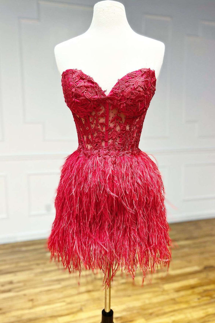 Simple Strapless Cute Lace Feather Sleeveless Homecoming Dresses