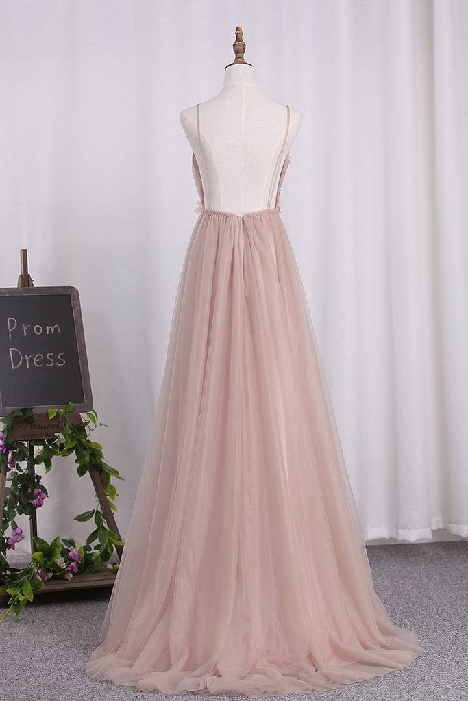Gorgeous Flower Pink Chiffon Long V-Neck Spaghetti Straps Evening Prom Dresses