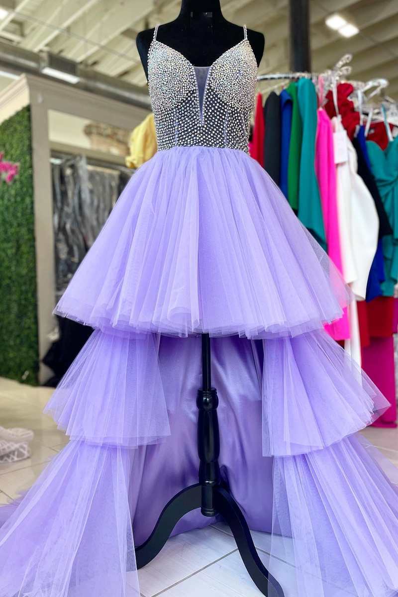 Asymmetrical Purple High-Low Spaghetti Straps Beaded Multi-Tiered Prom Dress