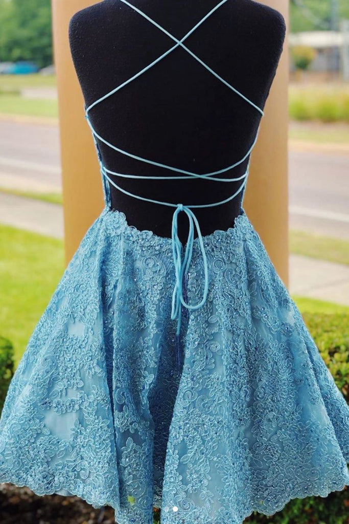 Spaghetti Straps Sleeveless Lace Graduation Dress, A Line Criss-Cross Straps Homecoming Dress