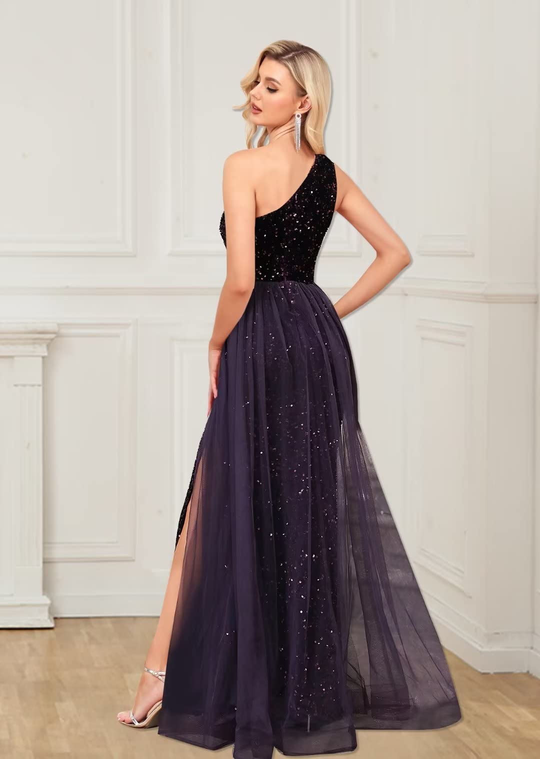Detachable Mermaid One Shoulder Sequin Tulle Prom Dresses With Slit