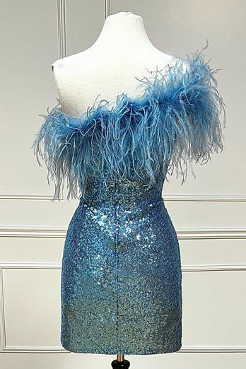 Cute One Shoulder Sequins Feathered Blue Short Homecoming Cocktail Dresses