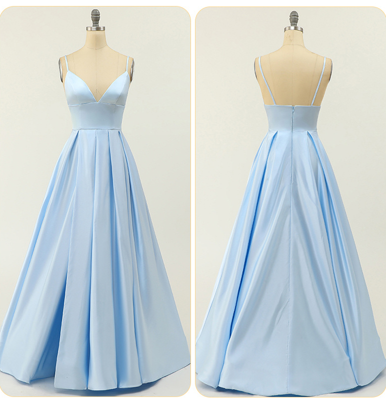 A-Line Satin Spaghetti Straps V-Neck Prom Gown with Pockets High Slit Formal Gown