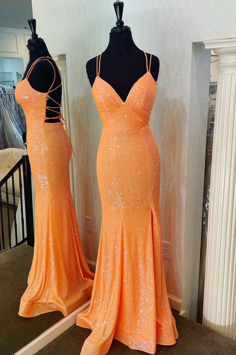 Glitter Spaghetti Straps Mermaid Sequins Prom Dresse With Slit