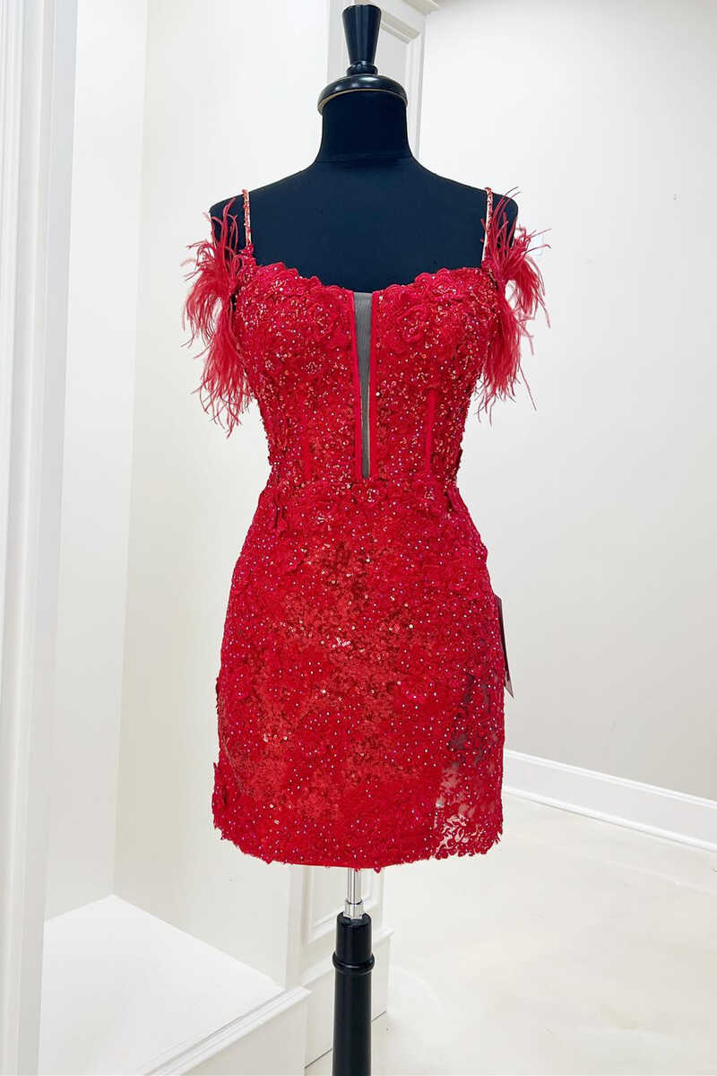 Bodycon Spaghetti Straps Cold-Shoulder Feather Short/Mini Homecoming Dress