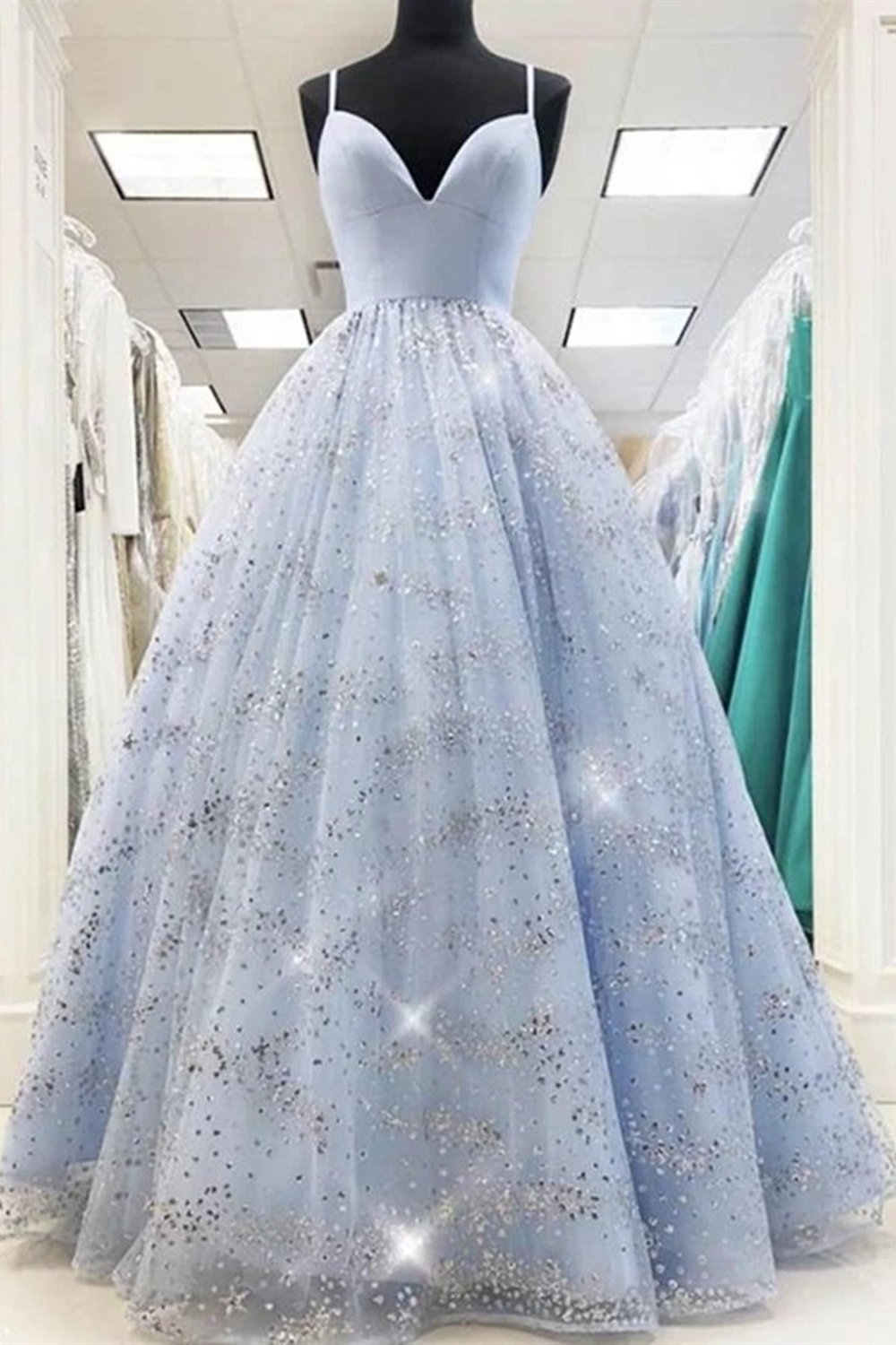 Hebochic Shiny Sequins V Neck Light Blue Long Prom Dress, V Neck Blue Formal Evening Dress