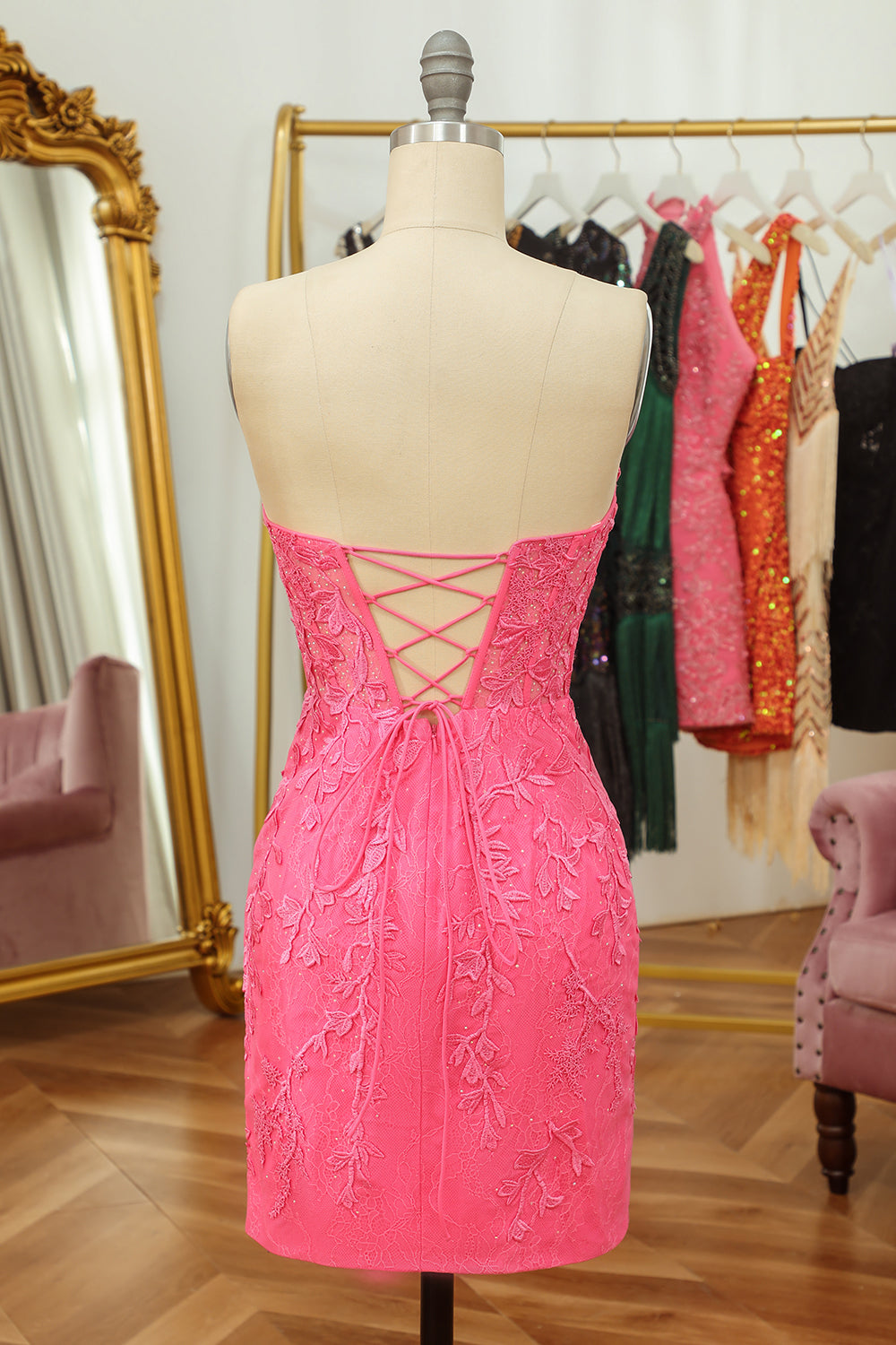 Strapless Sweetheart Short Pink Bodycon Cute Mini Lace Applique Homecoming Dress