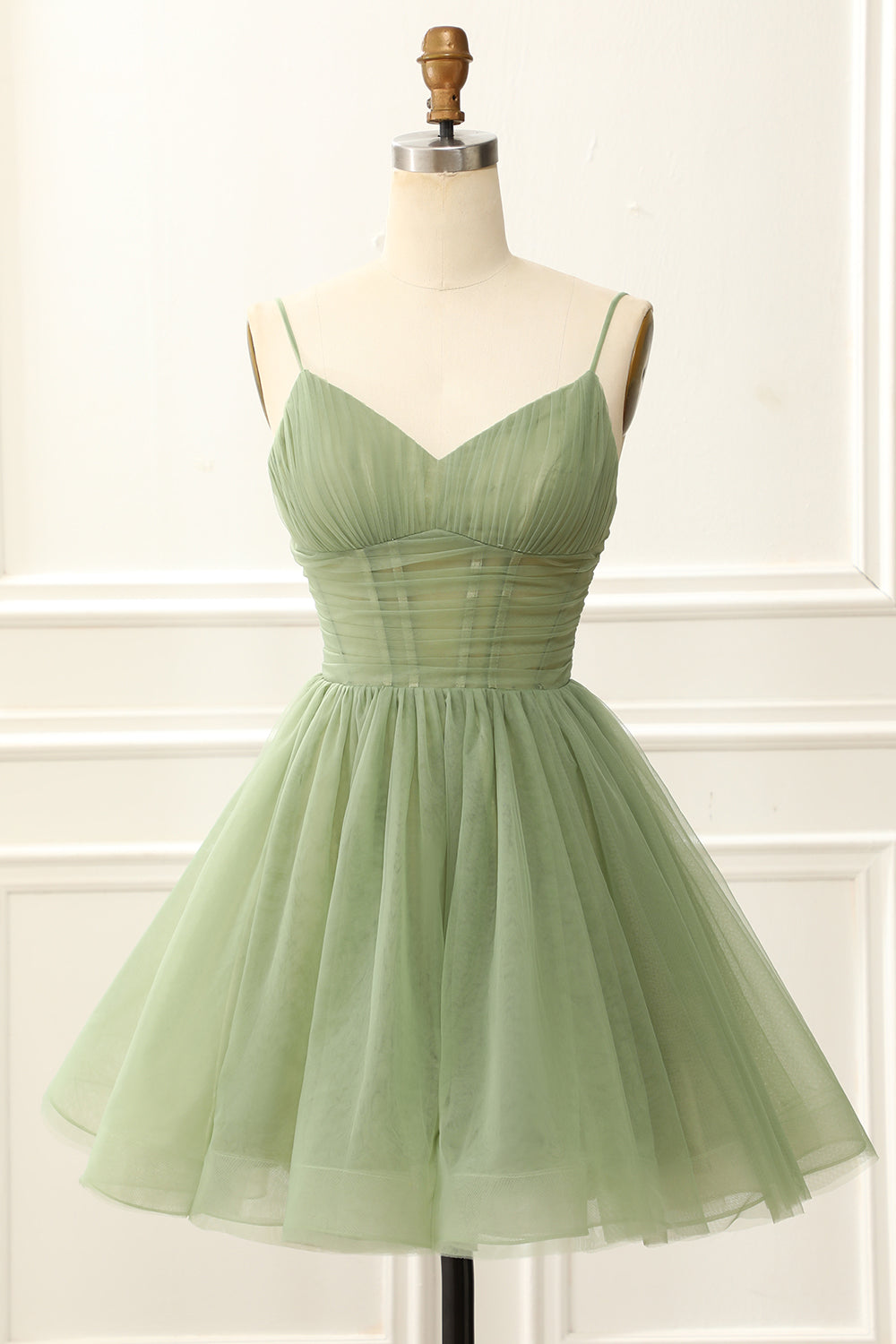 A Line Spaghetti Straps V Neck Short Above Knee Tulle Homecoming Dress