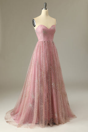 A Line Pink Sweetheart Floor-Length Prom Dress With Sequins