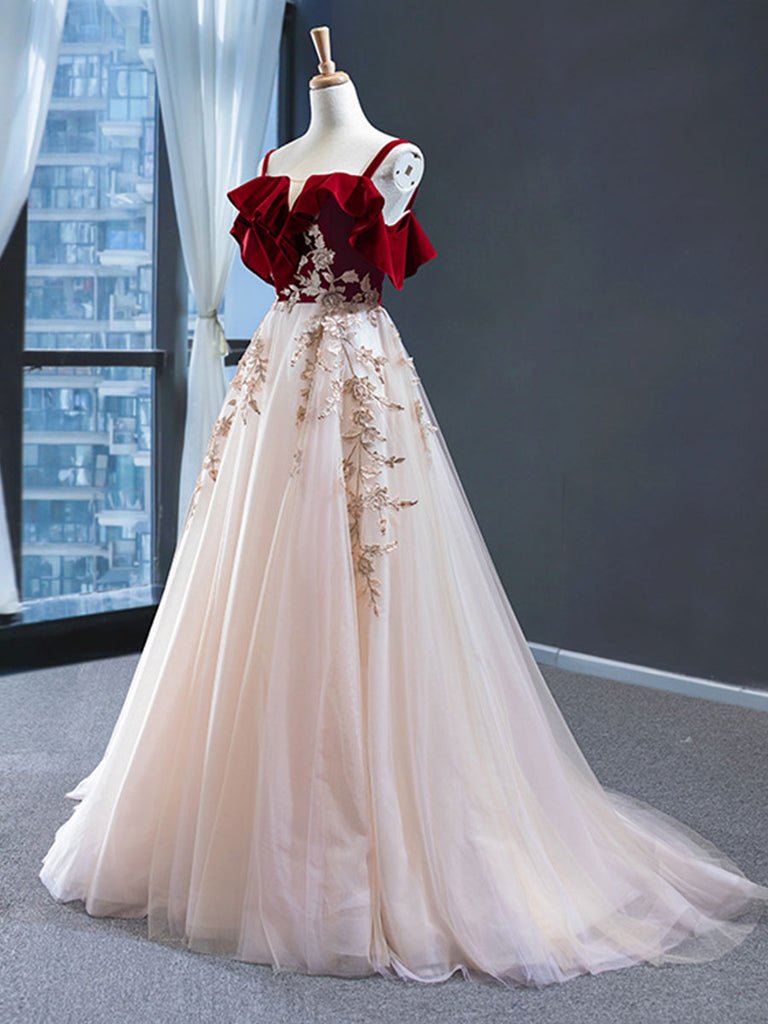 A Line Red Appliques Tulle Long Straps Sleeveless Floor-Length Prom Dresses