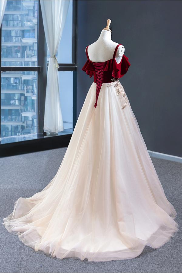 A Line Red Appliques Tulle Long Straps Sleeveless Floor-Length Prom Dresses