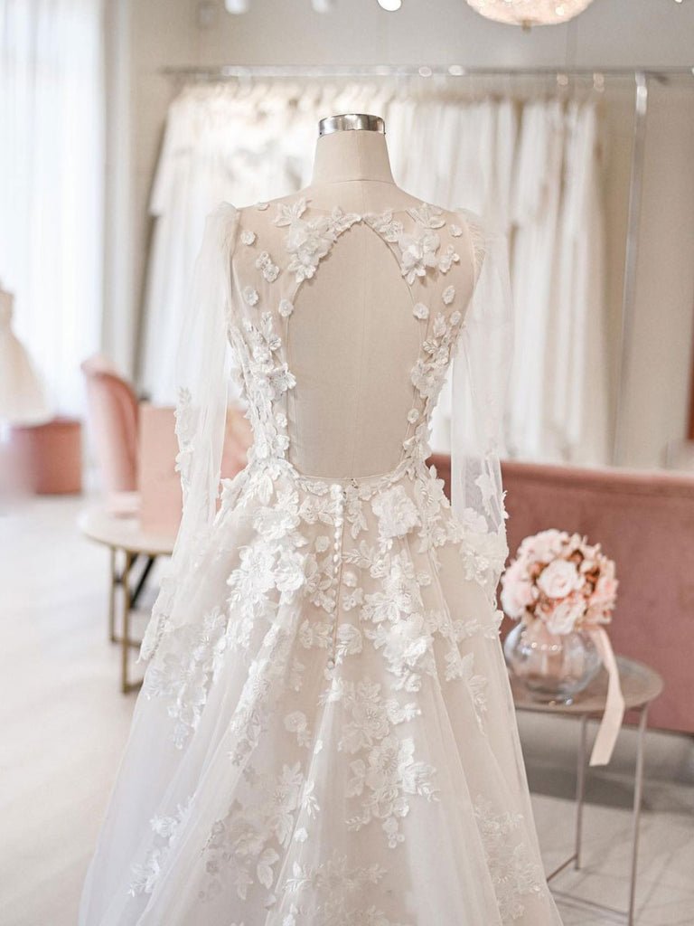 A Line See Through Long Sleeve Lace Appliqued Beach Wedding Dresses