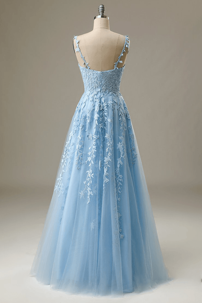 Hebochic A Line Spaghetti Straps Blue Prom Dresses V Neck Lace Appliques Evening Dresses