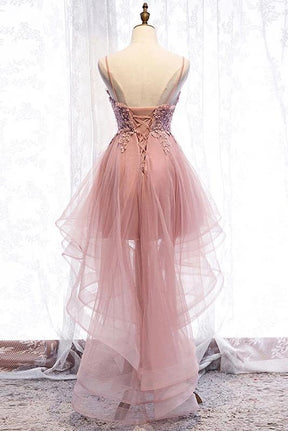 High Low Spaghetti Straps Tulle Homecoming Dresses with Appliques, V Neck Prom Dresses