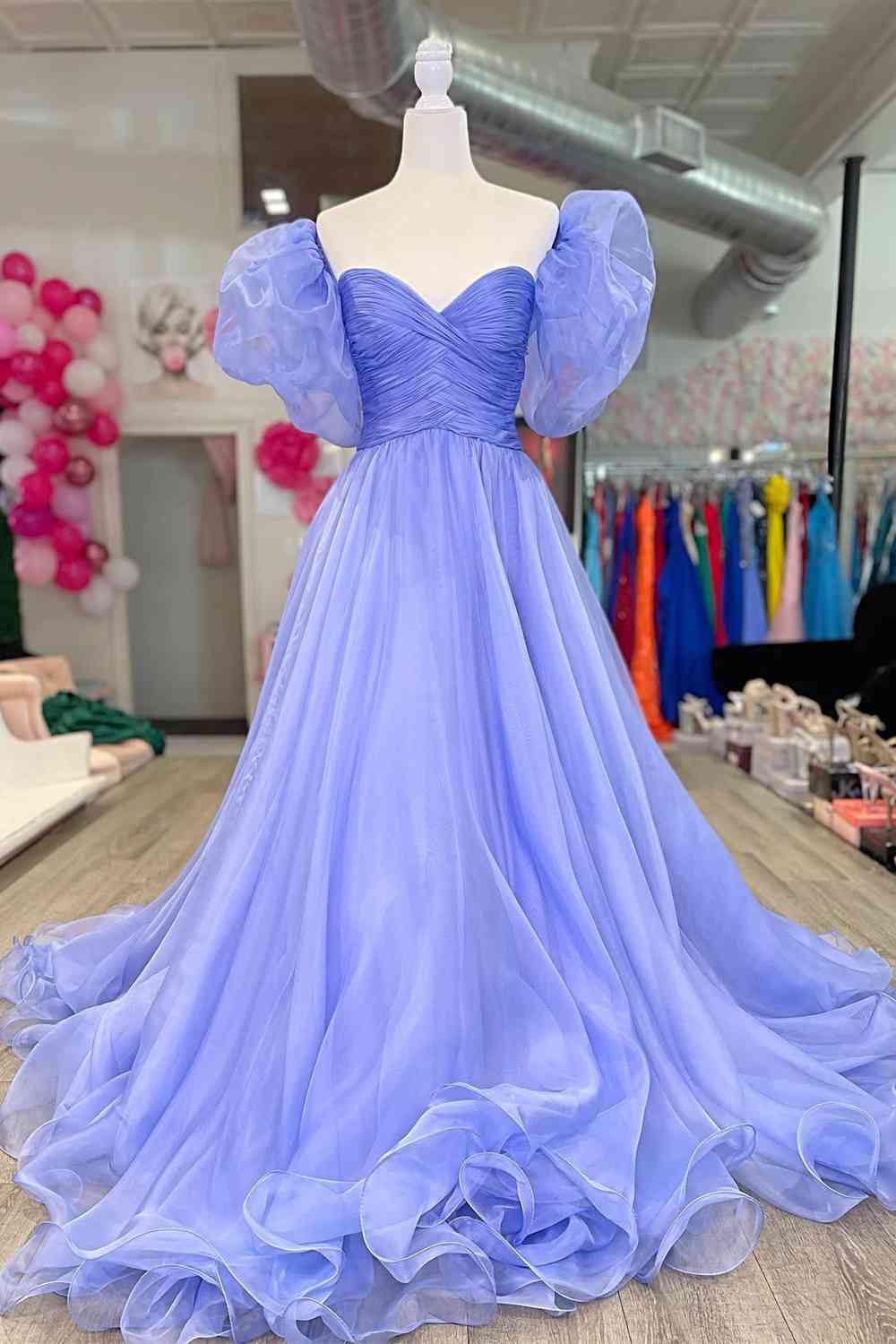 Ball Gown Princess Sweetheart Lavender Puff Sleeves Pleated Tulle Long Prom Dress With Slit