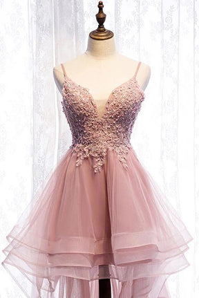 High Low Spaghetti Straps Tulle Homecoming Dresses with Appliques, V Neck Prom Dresses