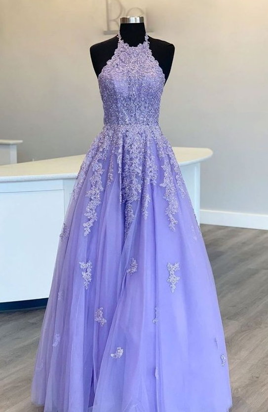 Halter A-line Lavender Tulle Prom Dress with Open Back Long Evening Dresses